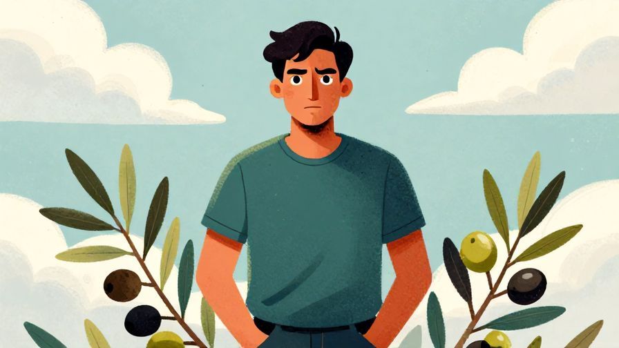 Illustration of a person with a determined expression, standing firm with hands in pockets against a backdrop of a cloudy sky and olive branches, vibrant colors, illustrated style