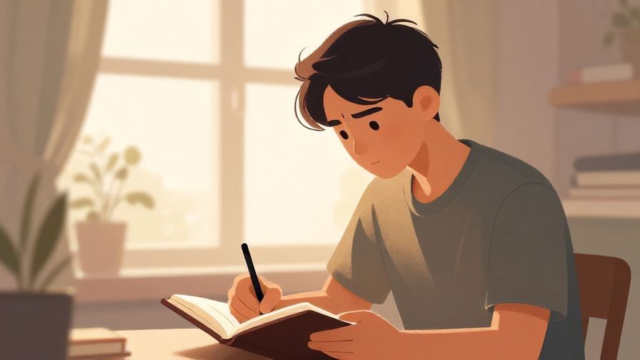 Illustration of a person with a determined expression, writing in a journal with soft morning light filtering through a window