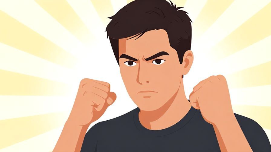 Illustration of a person with a determined expression, fists clenched in motivation, bright background with sun rays