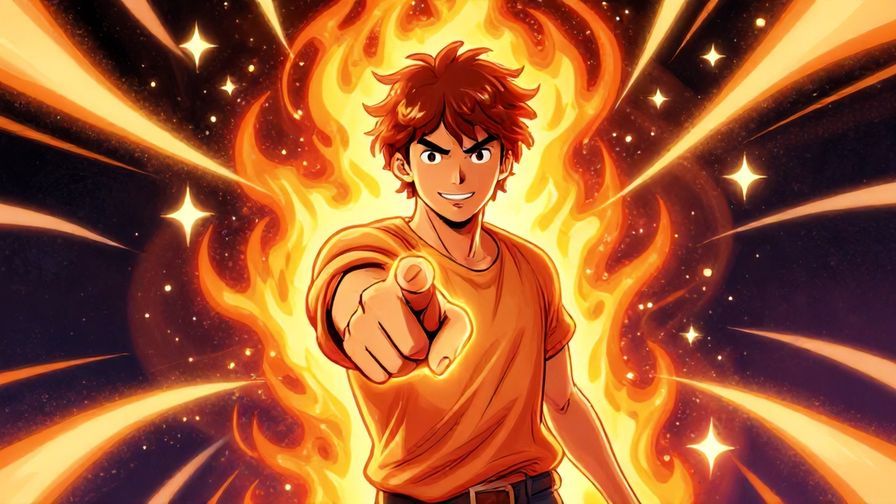 Illustration of a person with a fiery aura, pointing forward boldly with a strong, confident expression, surrounded by stars and dynamic curved lines, vibrant colors, illustrated style