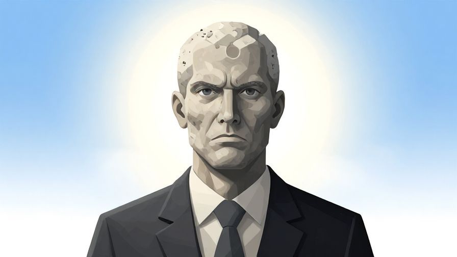 Illustration of a person with a firm, determined expression, head portrayed as literally hard or stone-like, standing against a bright sky