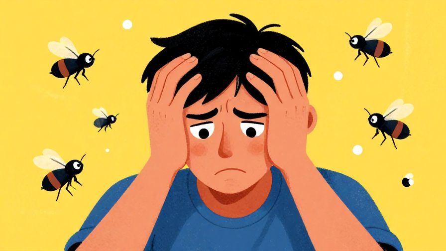 Illustration of a person with a frustrated expression, hands on their head, surrounded by buzzing flies symbolizing annoyance, vibrant colors, illustrated style