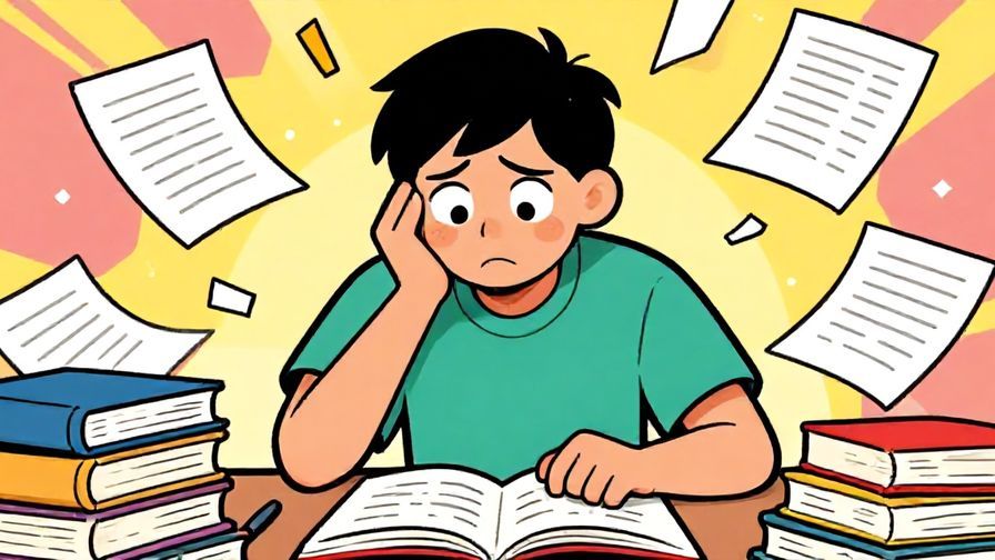 Illustration of a person with a funny, exaggerated disappointed face while studying, surrounded by scattered papers and books, vibrant comic style