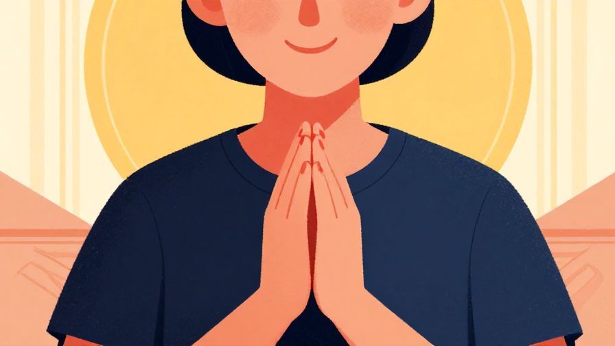 Illustration of a person with a gentle, apologetic smile, hands folded respectfully, elegant background, vibrant colors, illustrated style