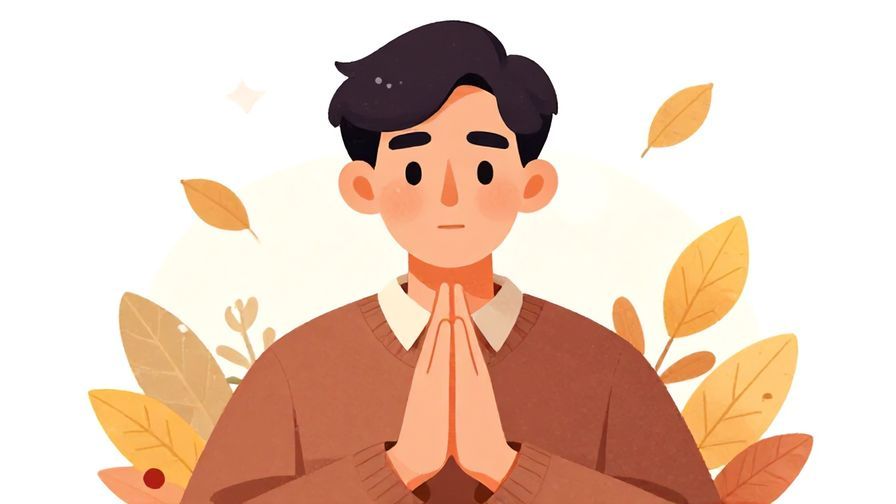 Illustration of a person with a gentle but alert expression, holding up a hand in a caution gesture, surrounded by subtle autumn leaves
