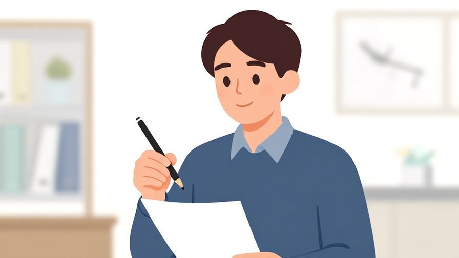 Illustration of a person with a gentle, honest expression, holding a pen and paper, office or classroom background