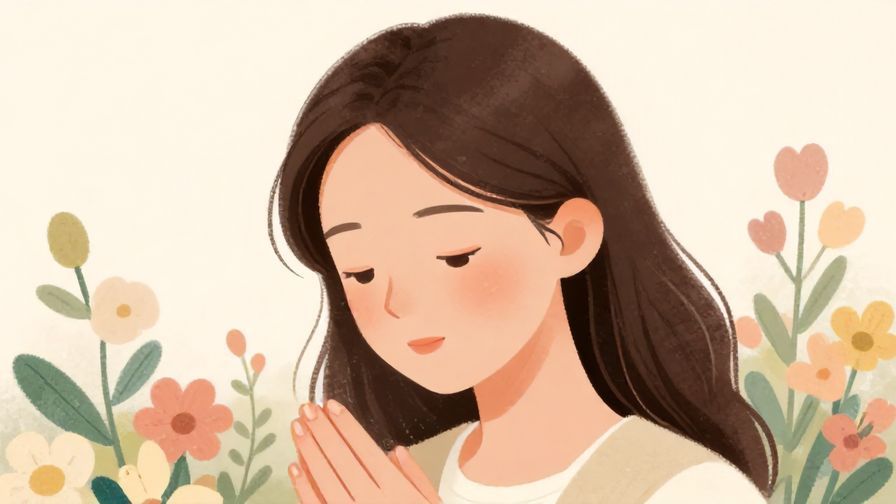 Illustration of a person with a gentle, humble expression, surrounded by soft floral elements