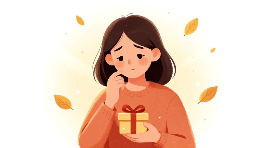 Illustration of a person with a gentle sad smile, shrugging lightly while holding a small gift, surrounded by soft floating leaves and warm light rays