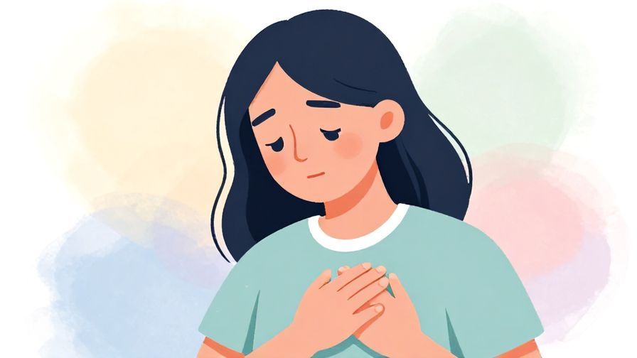 Illustration of a person with a gentle sad smile holding their chest softly, surrounded by pastel colors and soft light