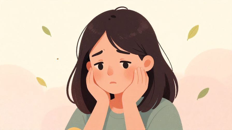 Illustration of a person with a gentle worried expression, soft pastel background with floating leaves, calm atmosphere