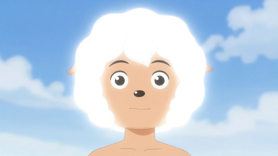 Illustration of a person with a glowing white aura around their head, bright sky background, energized expression