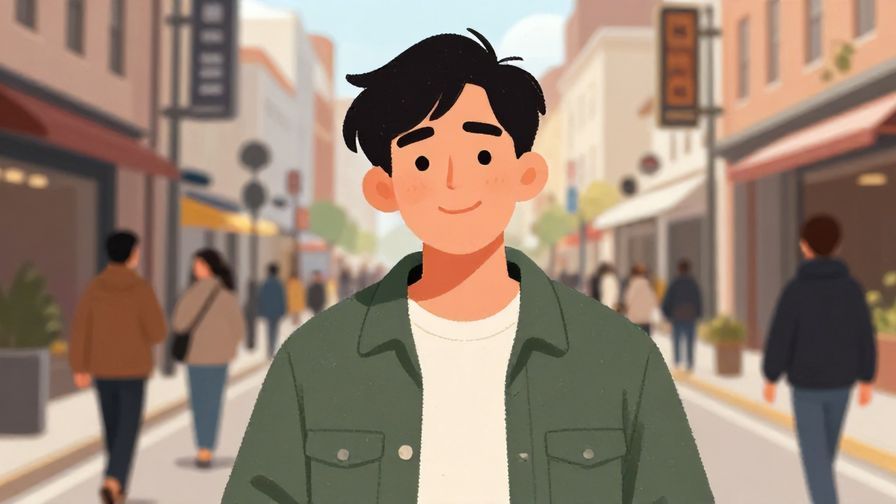 Illustration of a person with a half-smile and a shrug in a busy street setting, casual urban vibe, illustrated style