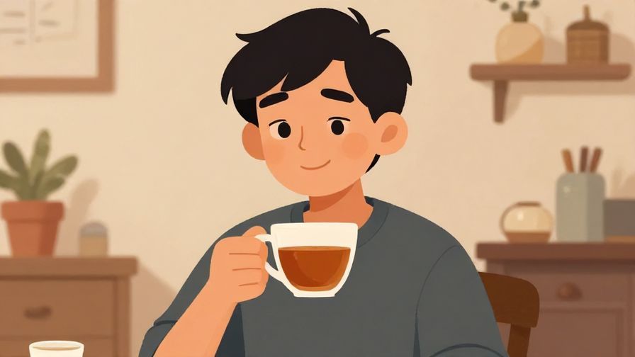 Illustration of a person with a half-smile and raised eyebrows, holding a cup of tea in a cozy room