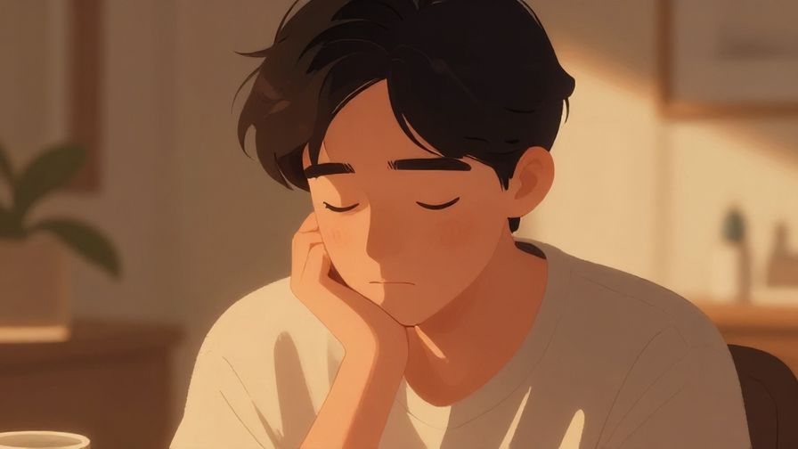 Illustration of a person with a hand on chin, eyes closed thoughtfully, warm indoor lighting