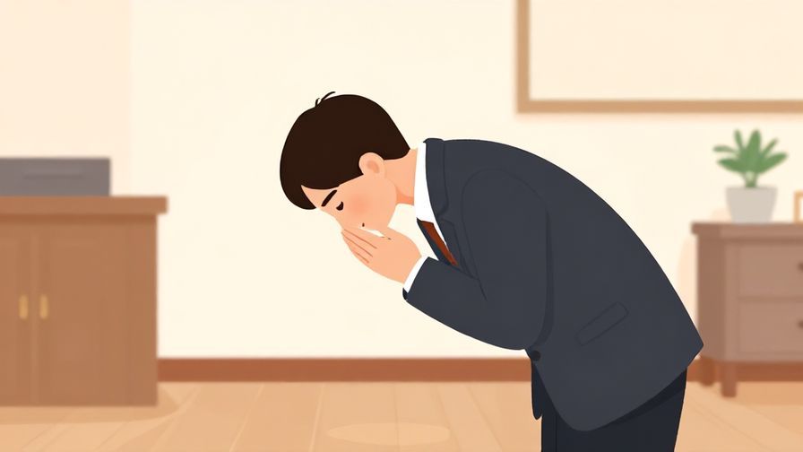 Illustration of a person with a humble, apologetic gesture, bowing slightly in a formal room