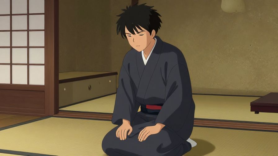Illustration of a person with a humble posture in a traditional Japanese room, soft lighting highlighting sincere emotion