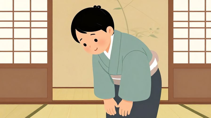 Illustration of a person with a humble, slightly bowing posture and a soft smile, indoors with traditional Japanese decor