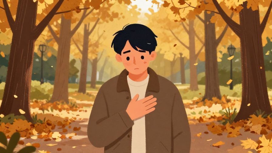 Illustration of a person with a melancholy expression, holding their chest, surrounded by autumn leaves in a quiet park