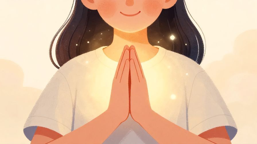 Illustration of a person with a peaceful smile, hands together in gratitude, surrounded by soft glowing light, warm colors, illustrated style