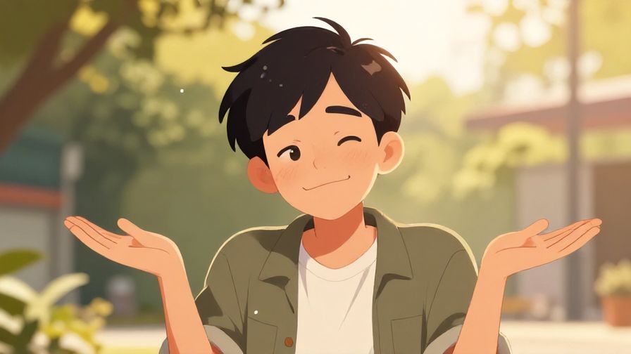 Illustration of a person with a playful shrug and a cheeky grin, casual outdoor setting with warm sunlight