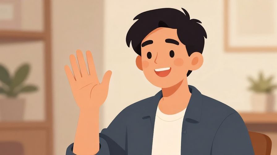 Illustration of a person with a playful smile, raising a hand casually, warm and informal environment