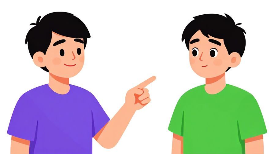 Illustration of a person with a playful smirk pointing at another who looks sheepish, bright colors
