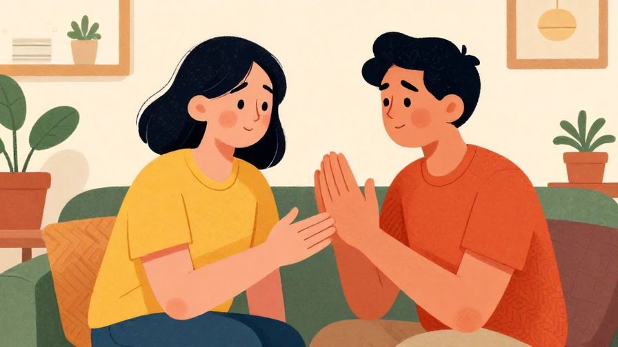 Illustration of a person with a pleading expression, gently holding out a hand to signal stop, in a cozy indoor scene, vibrant colors, illustrated style