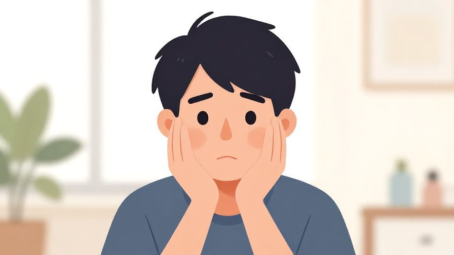 Illustration of a person with a pleading expression, slightly exaggerated, bright room background, illustrated style