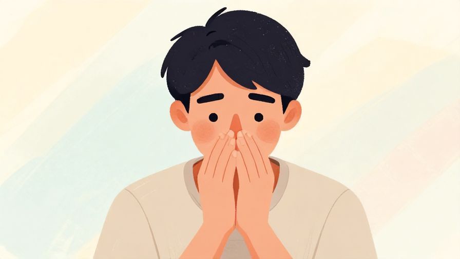 Illustration of a person with a pleading expression, hands together, soft pastel background, illustrated style