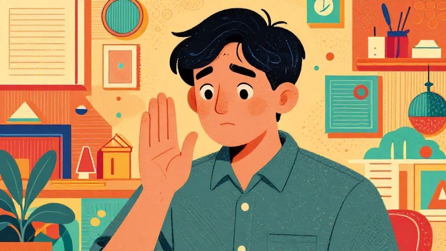 Illustration of a person with a polite but apologetic expression, raising a hand slightly as if to apologize, detailed background, vibrant colors, illustrated style