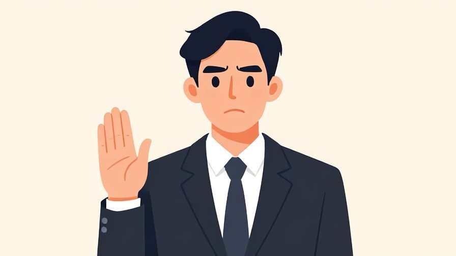 Illustration of a person with a polite but slightly serious expression, raising a hand slightly as if to interrupt, formal background, illustrated style