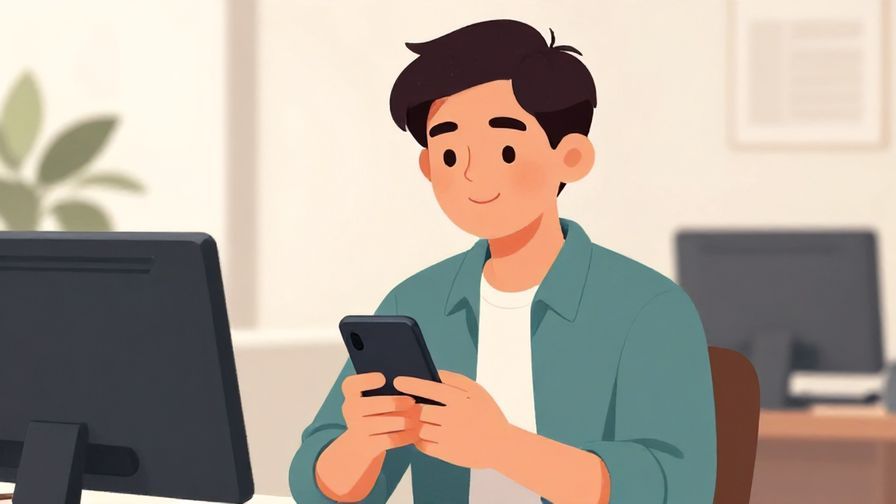 Illustration of a person with a polite smile holding a phone, soft office setting