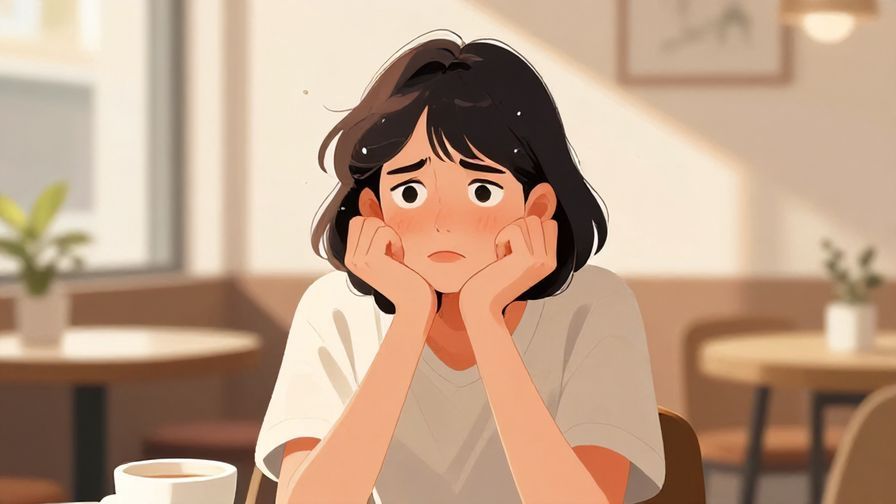 Illustration of a person with a puzzled expression holding their chin, in a bright cafe setting with soft sunlight