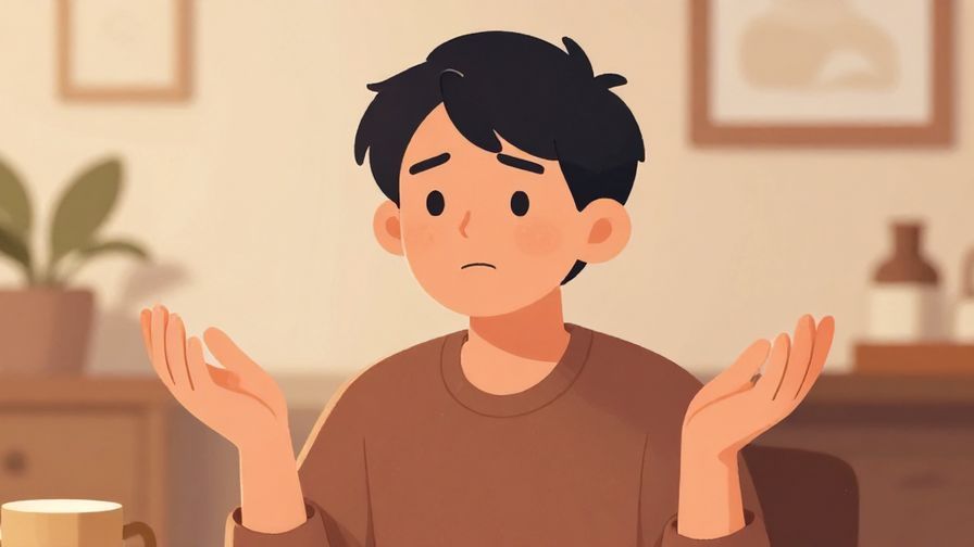 Illustration of a person with a questioning look, hands slightly raised as if asking for clarification, cozy indoor setting