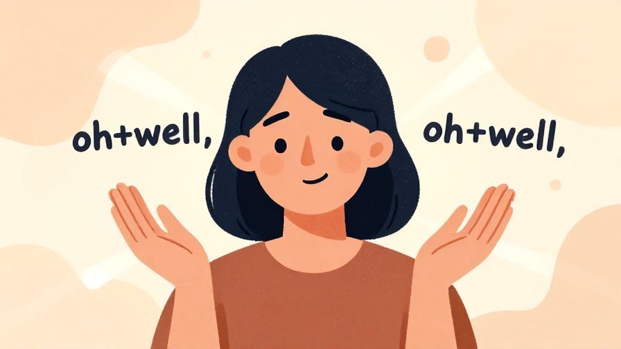 Illustration of a person with a resigned smile, hands raised gently as if saying “oh well,” surrounded by soft rays and abstract shapes