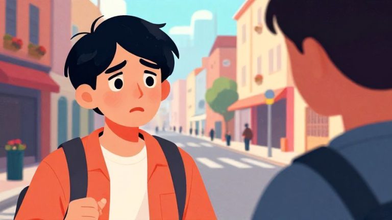 Illustration of a person with a sad, shocked expression turning away from a friend who looks apologetic, vibrant colors, detailed background of a city street