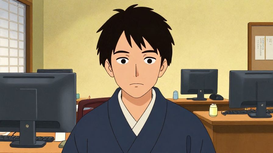 Illustration of a person with a serious but calm expression, traditional Japanese office setting, detailed background, vibrant colors, illustrated style