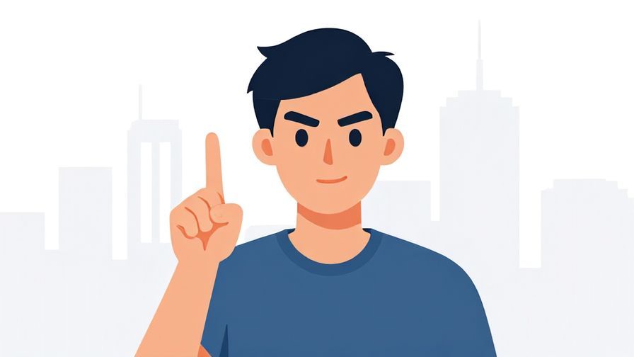 Illustration of a person with a serious but friendly expression, holding a finger up as a reminder, with a city background