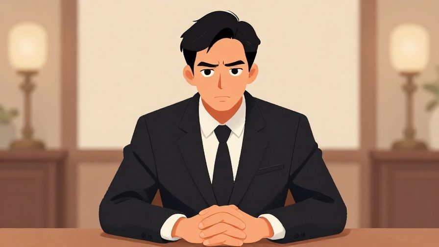 Illustration of a person with a serious expression, hands folded on a table, soft-lit room, formal setting, illustrated style