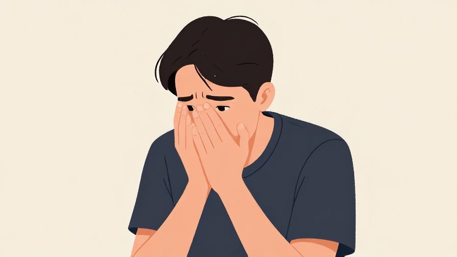 Illustration of a person with a shy, worried expression, hands lightly clasped, polite setting, illustrated style