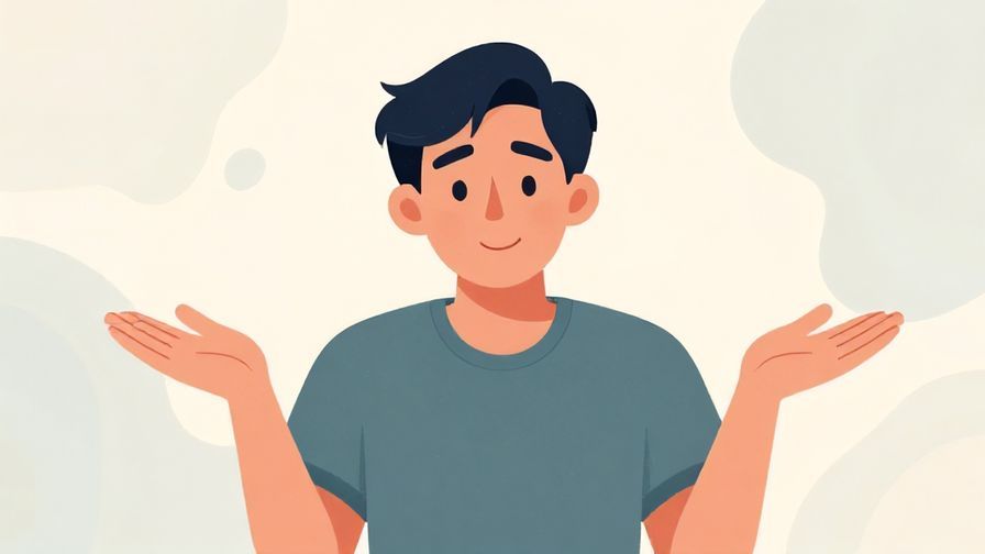 Illustration of a person with a slight smile, shrugging, surrounded by soft, abstract background