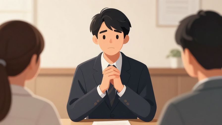 Illustration of a person with a slightly apologetic expression, hands together in front, polite setting like a meeting room