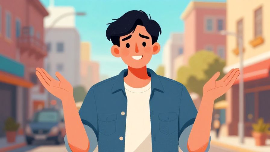 Illustration of a person with a slightly frustrated but smiling face, shrugging with hands up, casual clothes, bright outdoor city background, vibrant colors, illustrated style