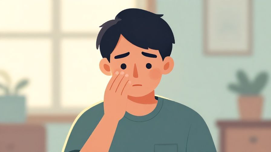 Illustration of a person with a slightly pained but dignified expression, surrounded by a soft glow, indoor setting with calm colors