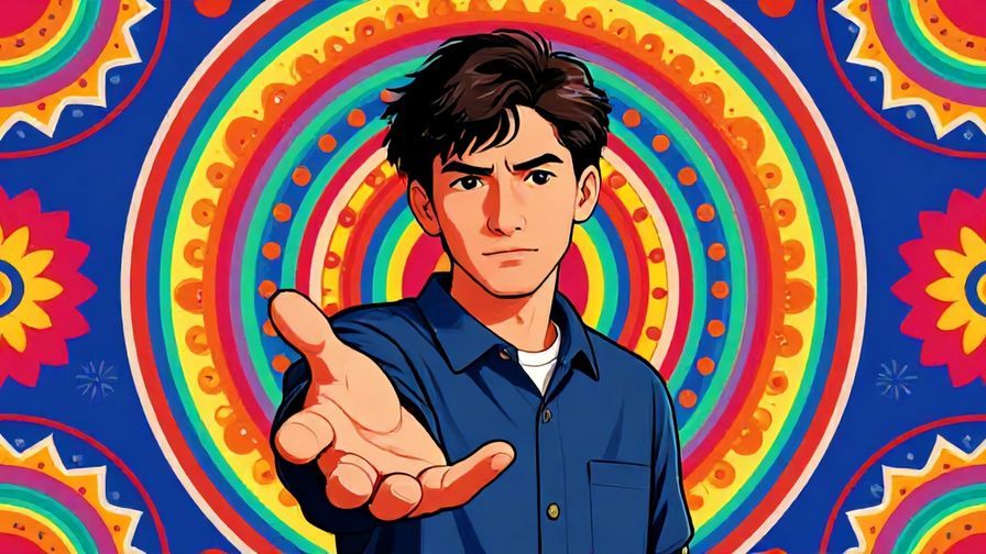 Illustration of a person with a slightly stern but inviting look, hand extended forward, vivid patterned background