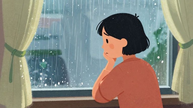 Illustration of a person with a small frown, sitting quietly by a window with raindrops outside, soft and cozy atmosphere, vibrant colors, illustrated style