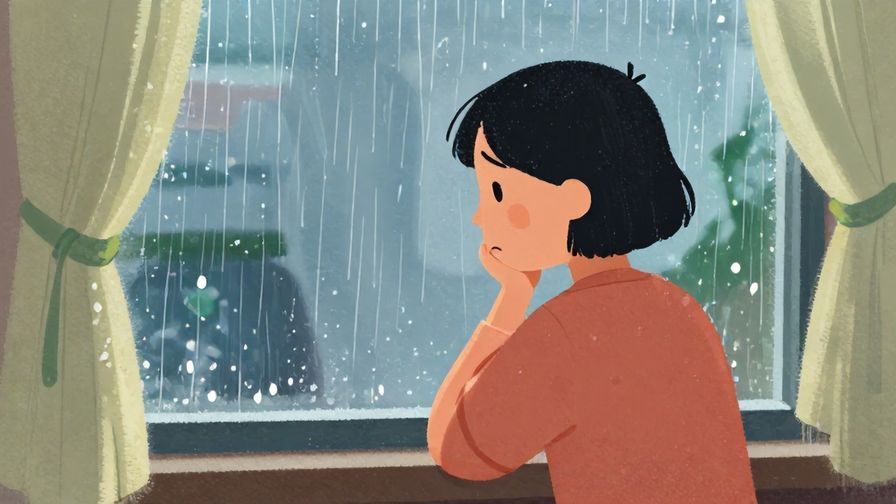 Illustration of a person with a small frown, sitting quietly by a window with raindrops outside, soft and cozy atmosphere, vibrant colors, illustrated style