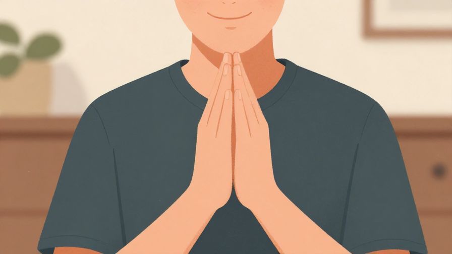 Illustration of a person with a small relieved smile, hands clasped, gentle indoor background