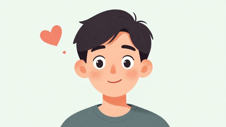 Illustration of a person with a soft smile and surprised eyes, a small heart jumping, gentle colors