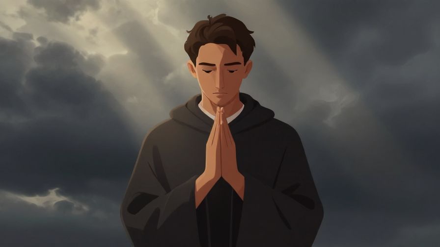 Illustration of a person with a solemn expression making a vow, standing under a dramatic sky with soft rays of light